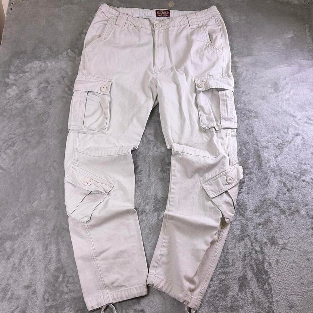 Match Matchstick Cargo Pants Mens 38 Beige Multi Pocket Drawstring Hem Utility